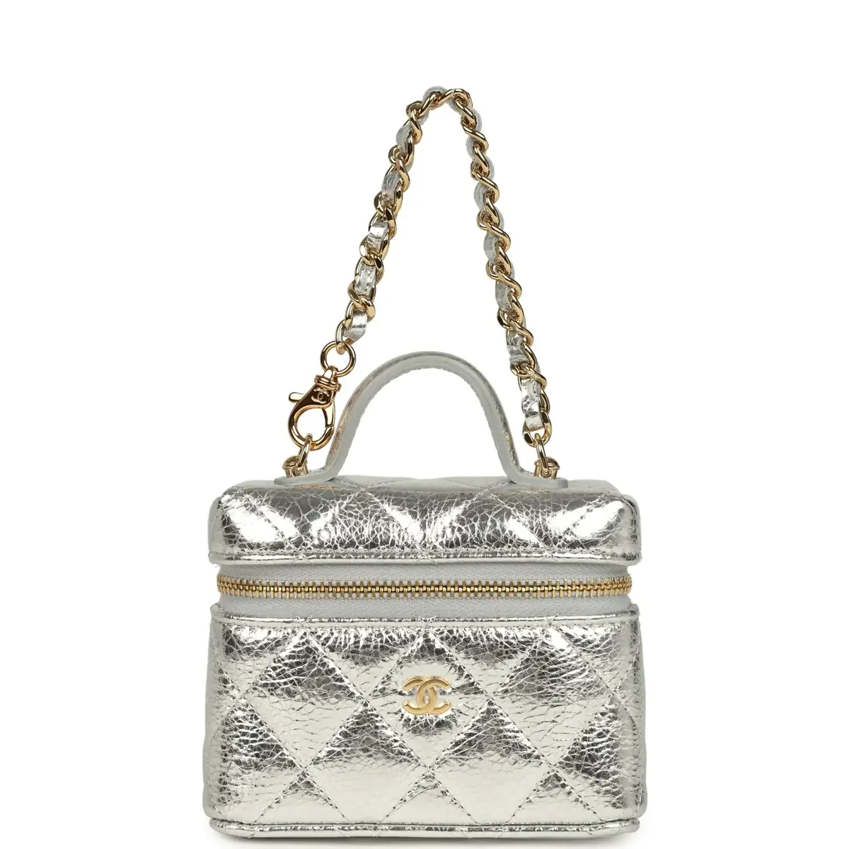 Chanel Chanel Micro Top Handle Vanity Case Bag Charm Metallic Silver Aged Calfskin Gold Hardware