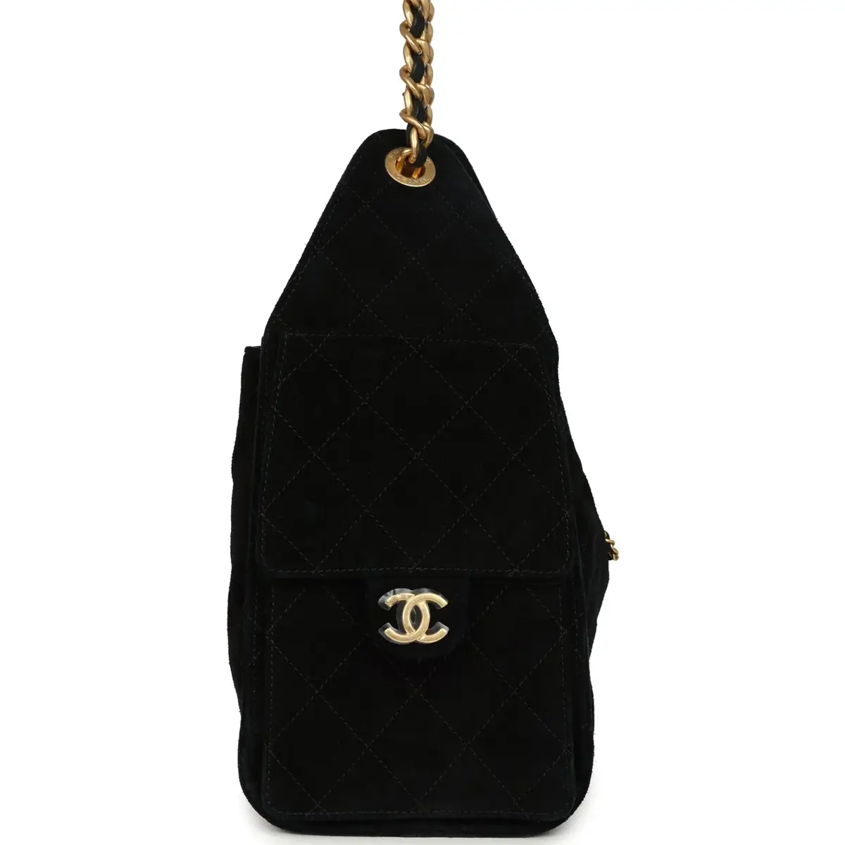 Chanel Chanel Small 25 Hobo Bag Black Suede Antique Gold Hardware - side view in Black