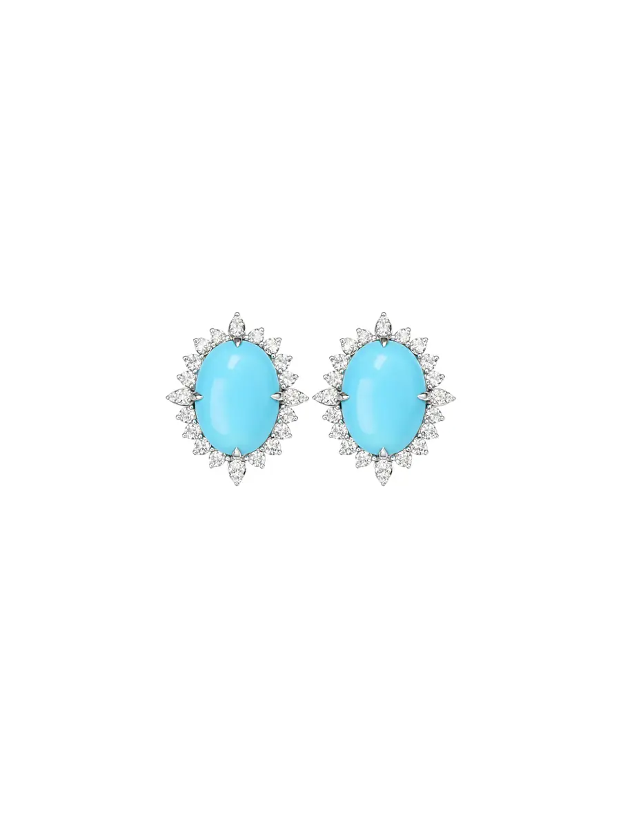 Wish Fine Jewelry 10ct Diamond Turquoise 14K Gold Halo Stud Earrings
