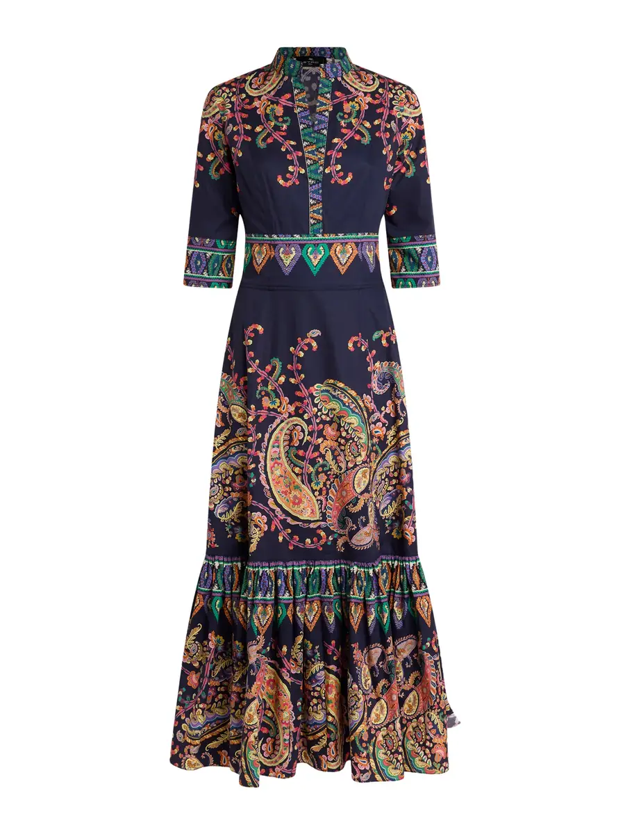 Etro Floral Paisley Cotton Flounced Maxi Shirtdress