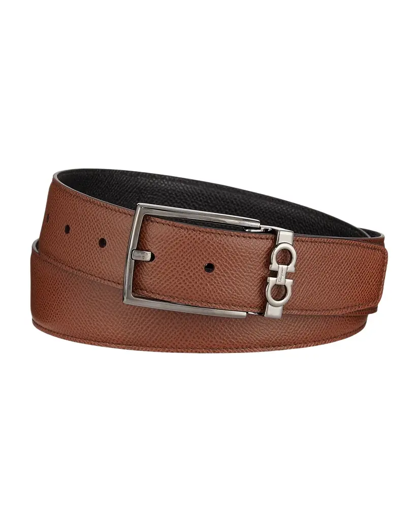 Ferragamo Men's Textured Leather Belt with Gancini Detail