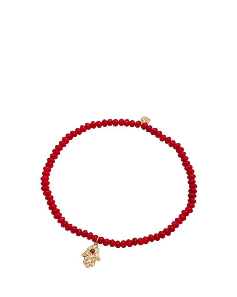Sydney Evan 3mm Beaded Coral Bracelet with Diamond Hamsa Pendant