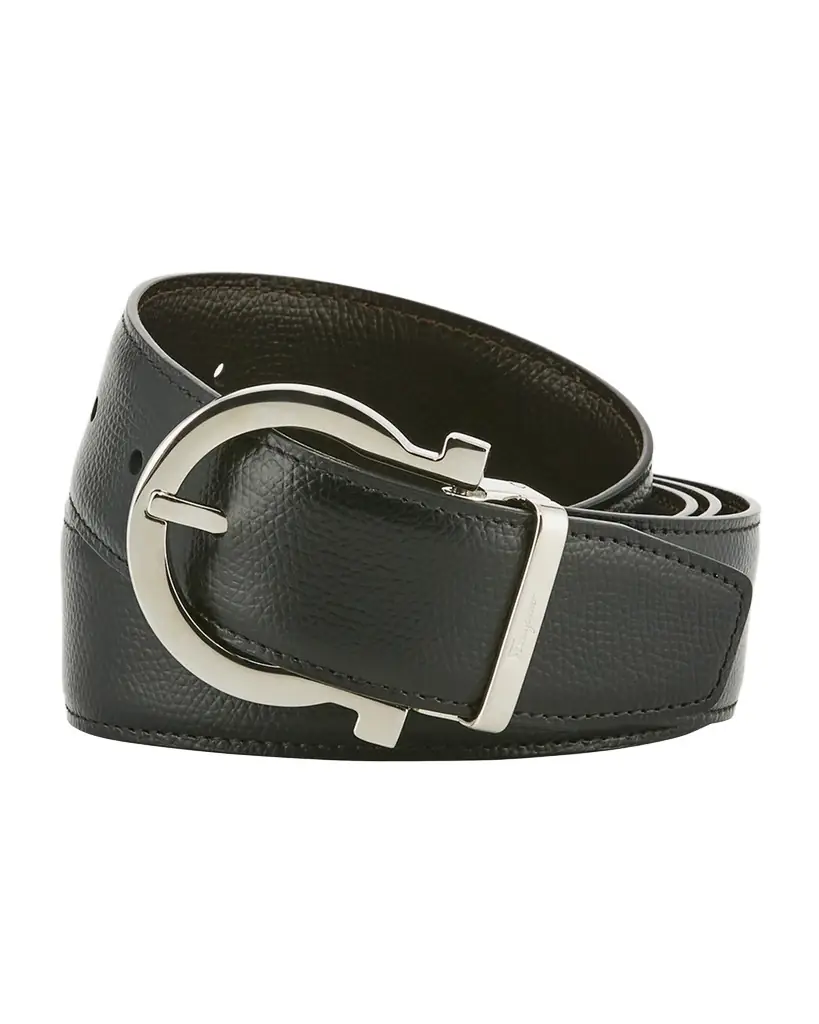 Ferragamo Men's Stamped Leather Gancio Buckle Belt