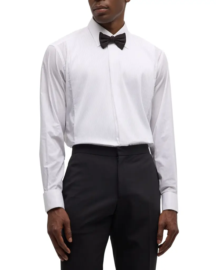 Brioni Pleated Poplin French-Cuff Dress Shirt