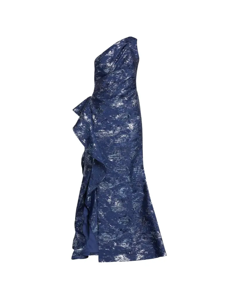 Rickie Freeman for Teri Jon Metallic Jacquard One-Shoulder Side-Ruffle Gown