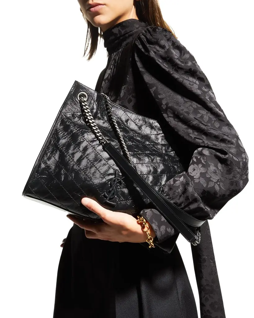 Saint Laurent Niki Medium YSL Shopper Tote Bag in Crinkled Leather
