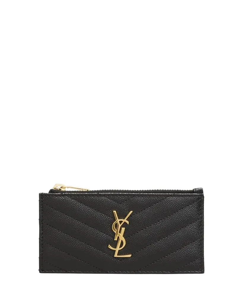 Saint Laurent YSL Monogram Small Ziptop Card Case in Grained Leather