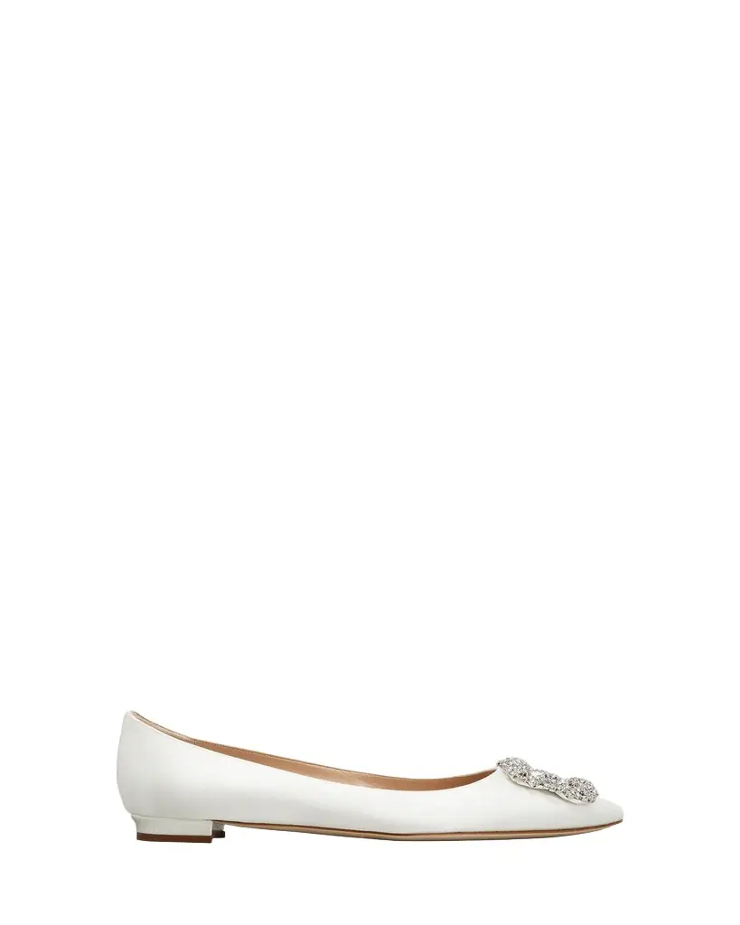 Manolo Blahnik Hangsi Satin Crystal-Buckle Ballerina Flats
