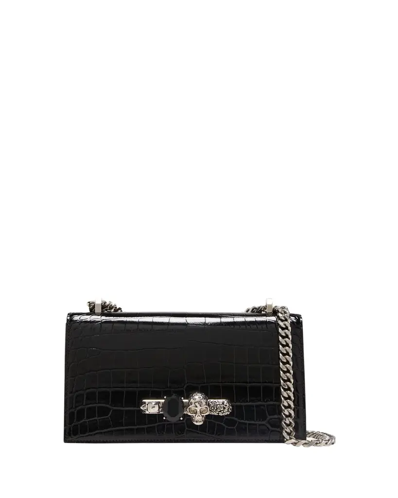 McQueen Shiny Croc-Embossed Jeweled Shoulder Bag