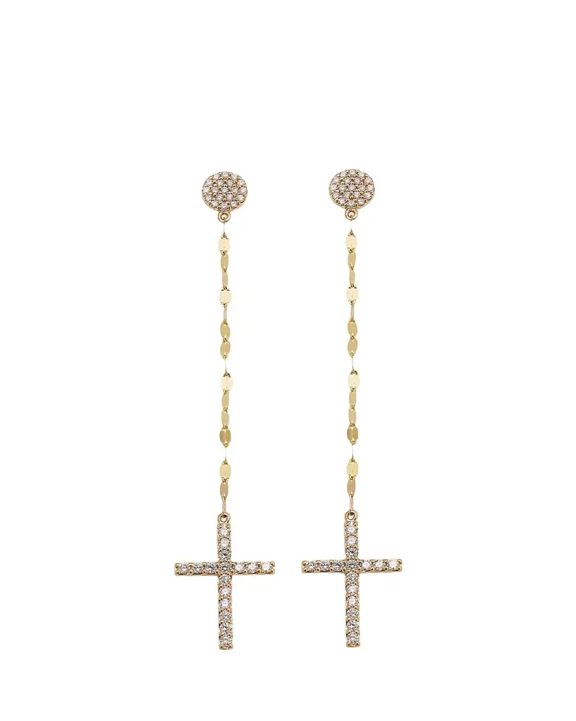 Lana 14K Gold Flawlesss Linear Cross Earrings with Diamonds