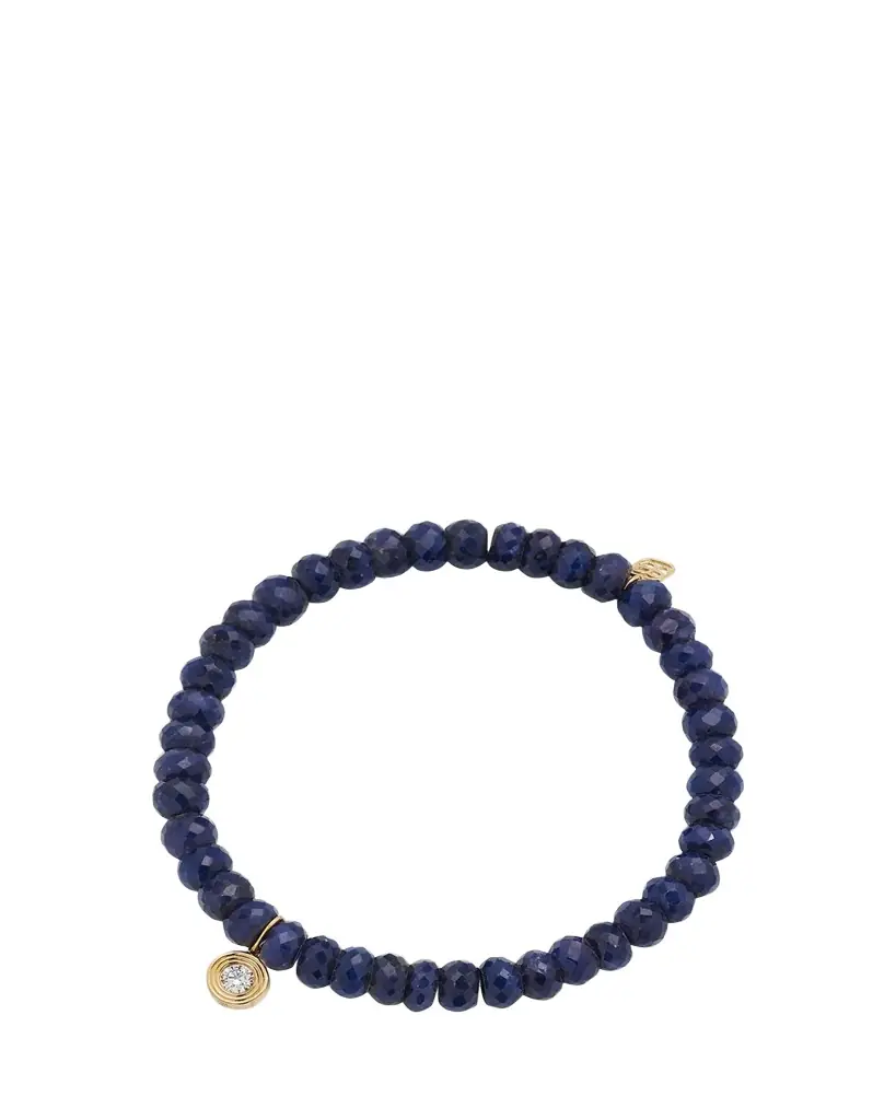 Sydney Evan 14K Gold Fluted Diamond Charm on Blue Sapphire Rondelle Bead Bracelet