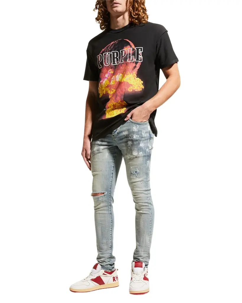 PURPLE Men's P001 Light Indigo Paint Blowout Skinny Jeans