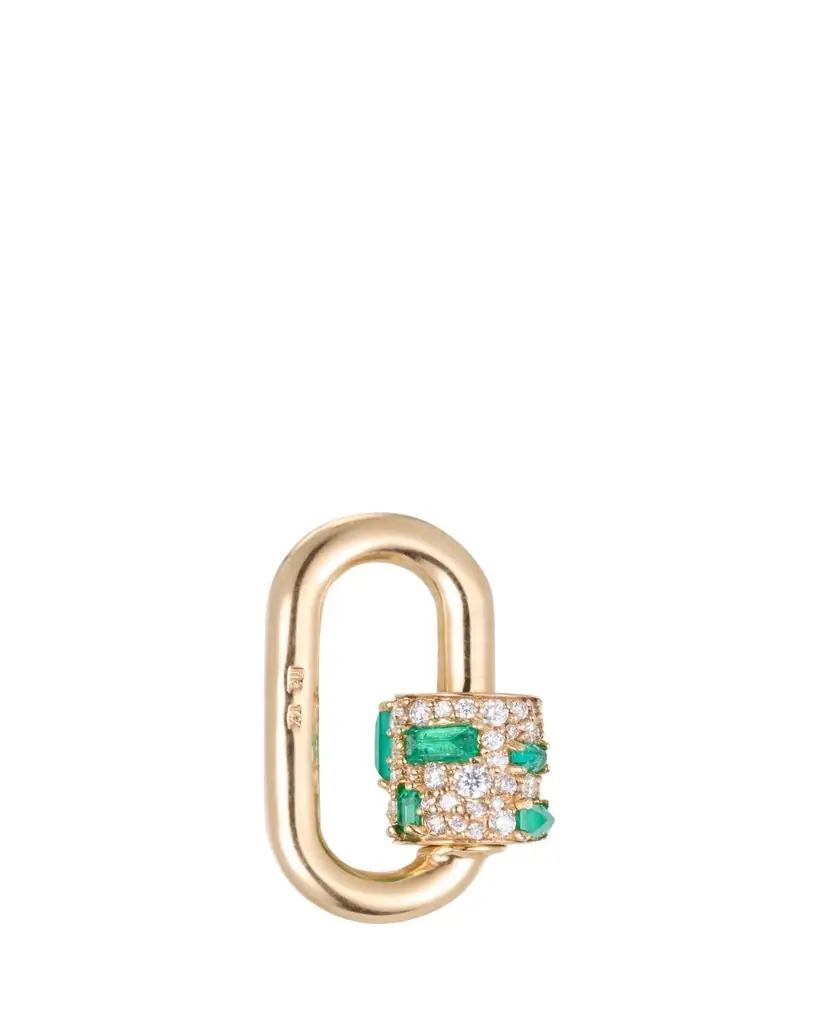 Marla Aaron Stoned Chubby Medium Lock with Diamonds and Emeralds in 14K Yellow Gold