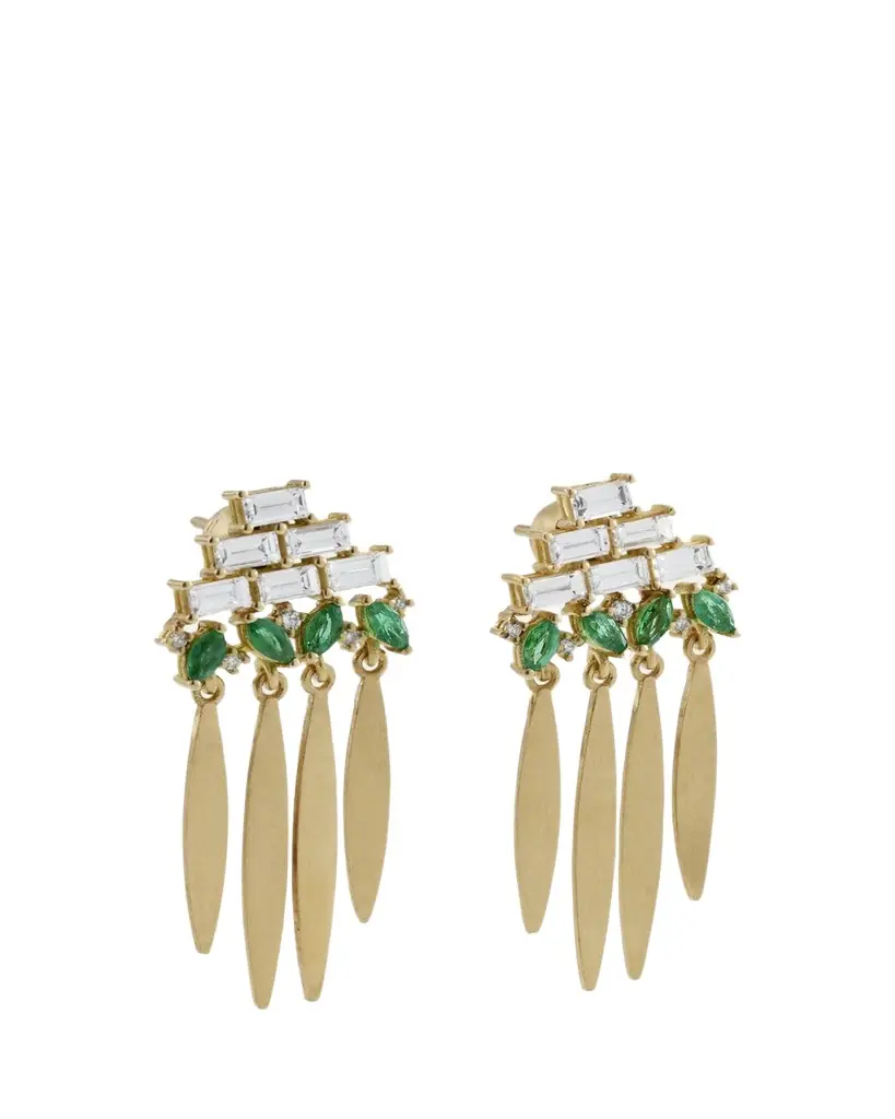 ILEANA MAKRI 18K Yellow Gold Grass Spike Earrings with Diamonds and Emeralds