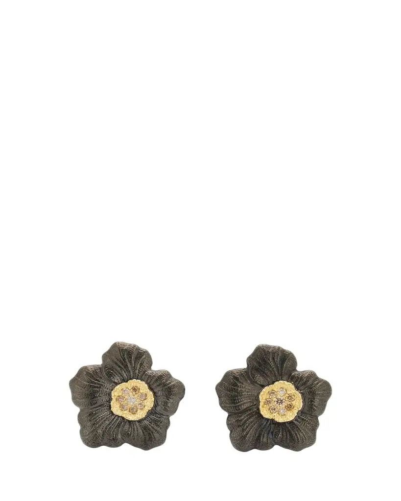 Buccellati Blossom Gardenia Burnished Silver, Gold, Brown Diamond Stud Earring
