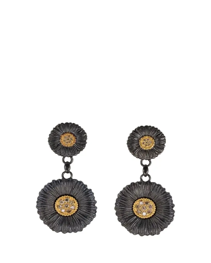 Buccellati Blossoms Daisy Burnished Sterling Silver and 18K Yellow Gold Diamond Pendant Earrings