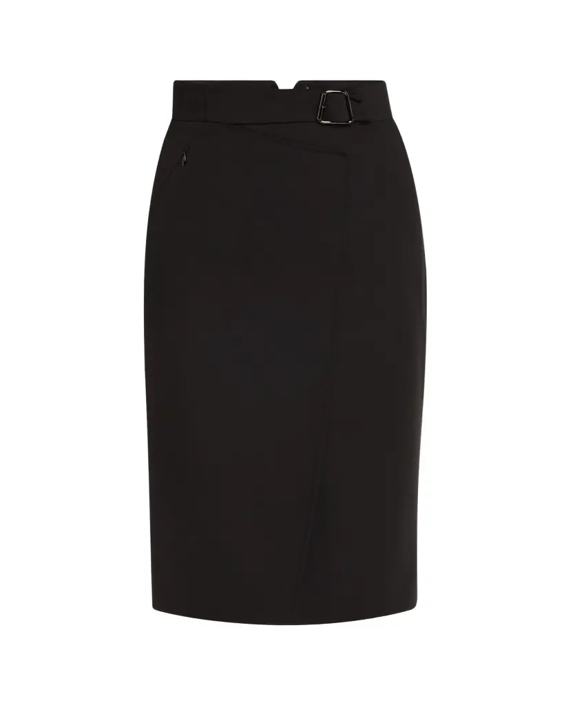 Akris Trapezoid Buckle Wrapped Wool Pencil Skirt