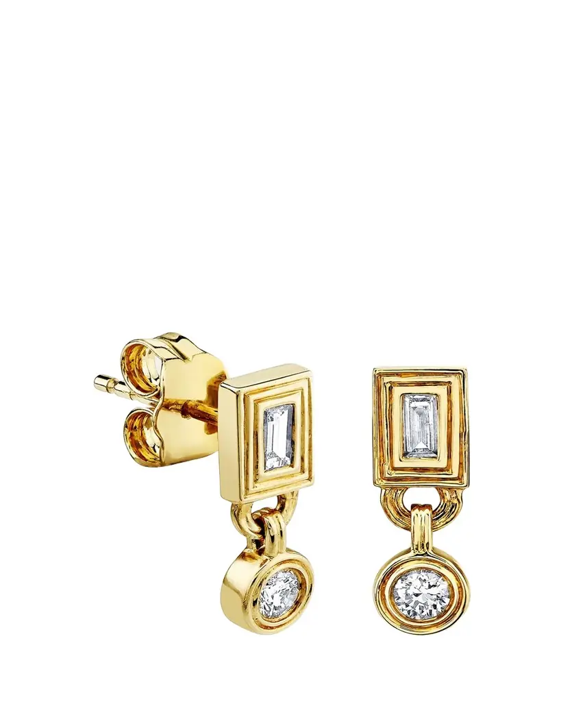 Sydney Evan 14K Yellow Gold Fluted Baguette Stud Earrings with Round Drop