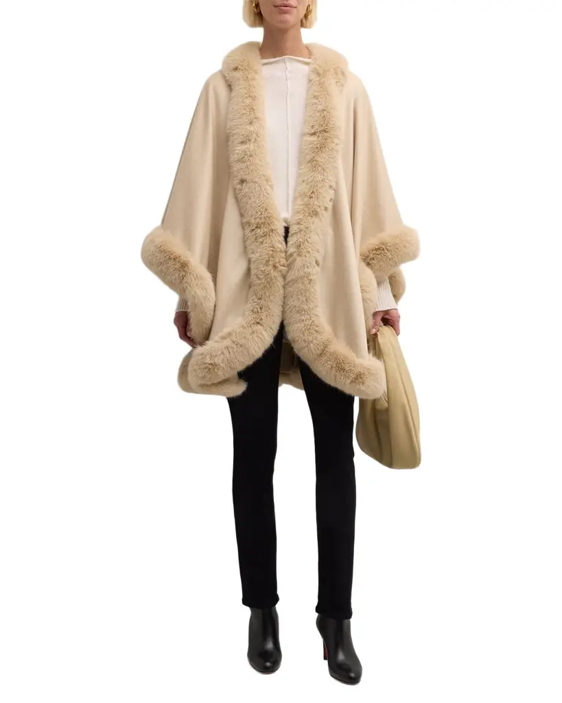 Sofia Cashmere Cashmere Cape With Faux Fur Trim