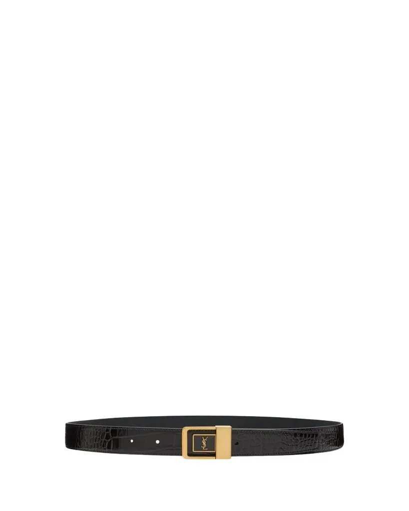 Saint Laurent Croc-Embossed Leather Square Buckle Belt