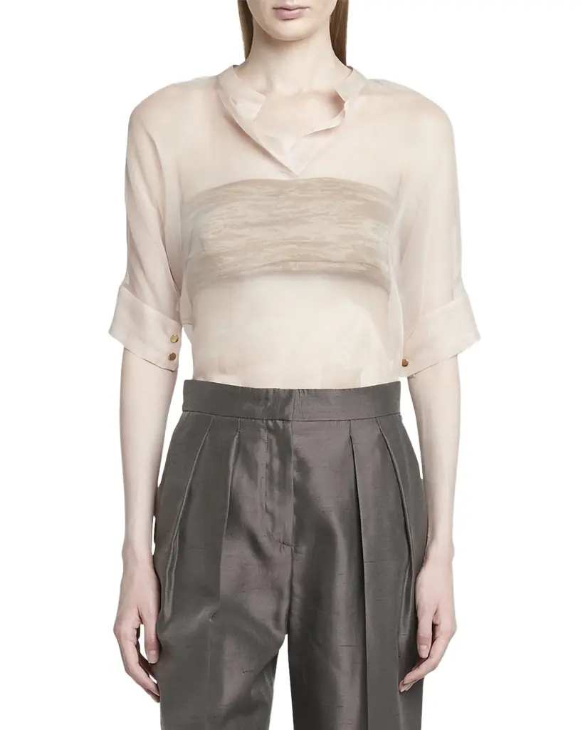 Giorgio Armani Short-Sleeve Sheer Silk Tunic Top With Cami