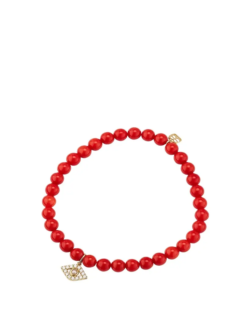 Sydney Evan 14K Large Evil Eye Charm on Peach Coral Bracelet
