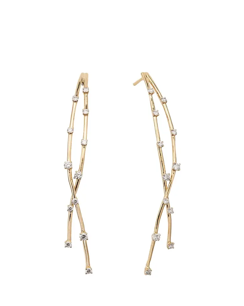 Lana 14K Yellow Gold Curved Crossover Solo Linear Diamond Earrings
