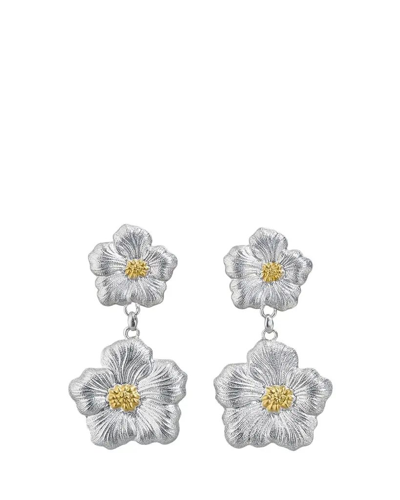 Buccellati Blossoms Gardenia Sterling Silver and 18K Yellow Gold Pendant Earrings, 8.5cm