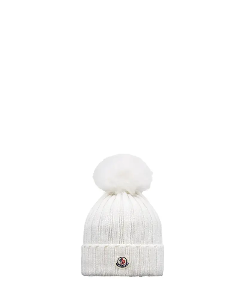 Moncler Ribbed Wool Beanie with Faux Fur Pom