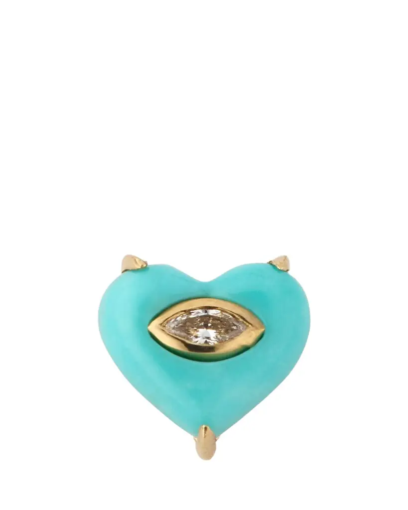 Sydney Evan 14K Yellow Gold Marquis Diamond and Turquoise Heart Earring, Single