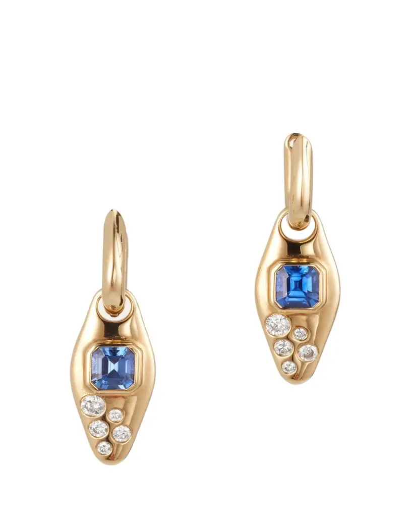 Uniform Object 18K Yellow Gold Blue Sapphire And Diamond Vessel Huggie Earrings