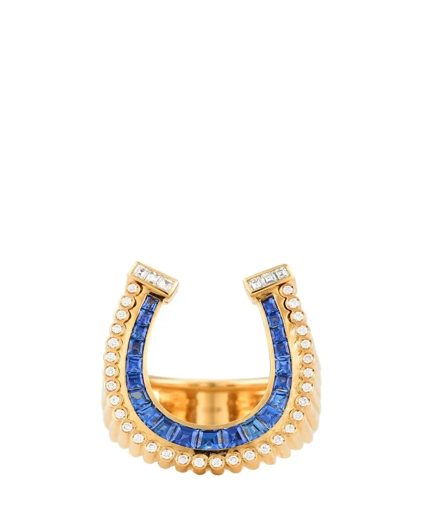 Marie Lichtenberg 18K Yellow Gold Horseshoe Statement Ring with Diamonds and Sapphires