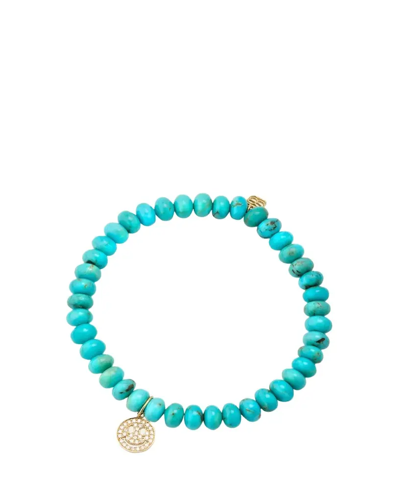 Sydney Evan 14K Gold Pavé Happy Face Charm on Turquoise Bead Bracelet
