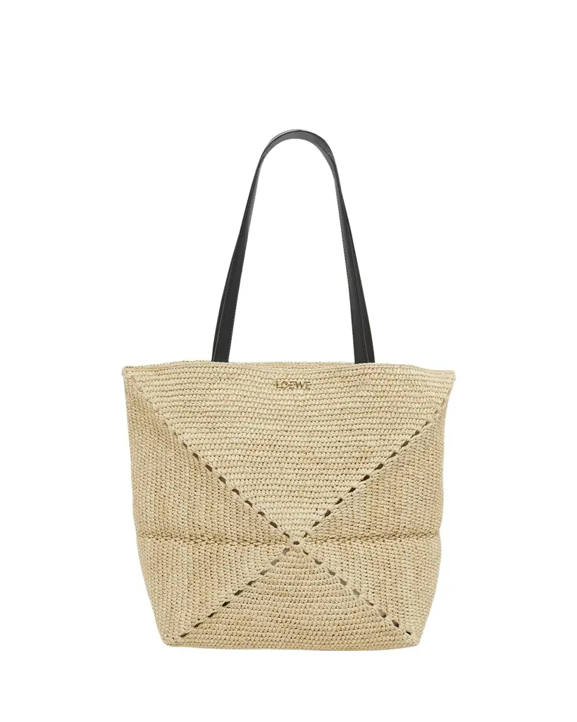 Loewe x Paula's Ibiza Medium Puzzle Fold Tote Bag in Raffia with Leather Handles
