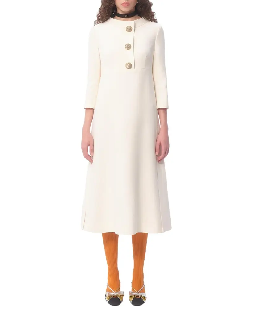 Valentino Garavani Quarter-Sleeve Brooch Wool Midi Dress