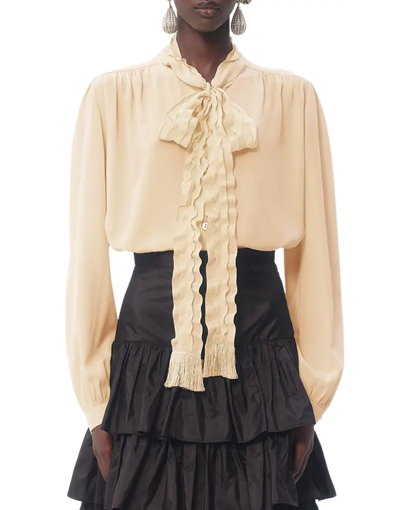 Valentino Garavani Ruffle Tie-Neck Silk Blouse
