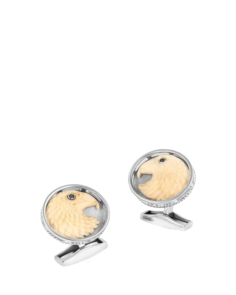 Tateossian Men's Silver Black Diamond and Horn Carved Eagle Cufflinks