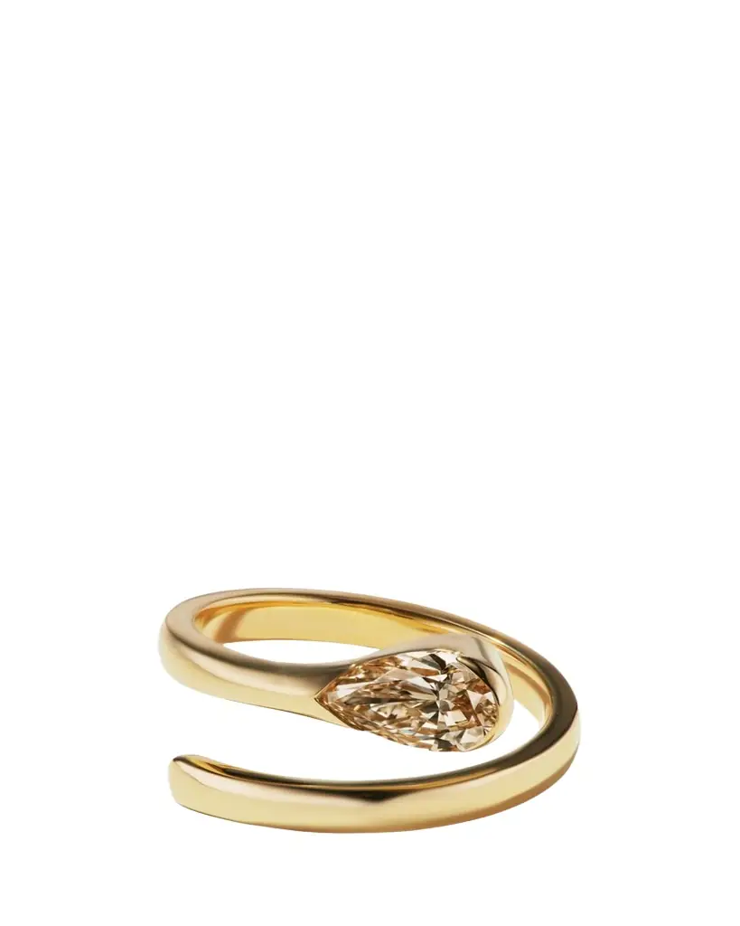 Aaryah 18K Yellow Gold Natural Fancy Light Brown Pear Diamond Nyoka Ring, Size