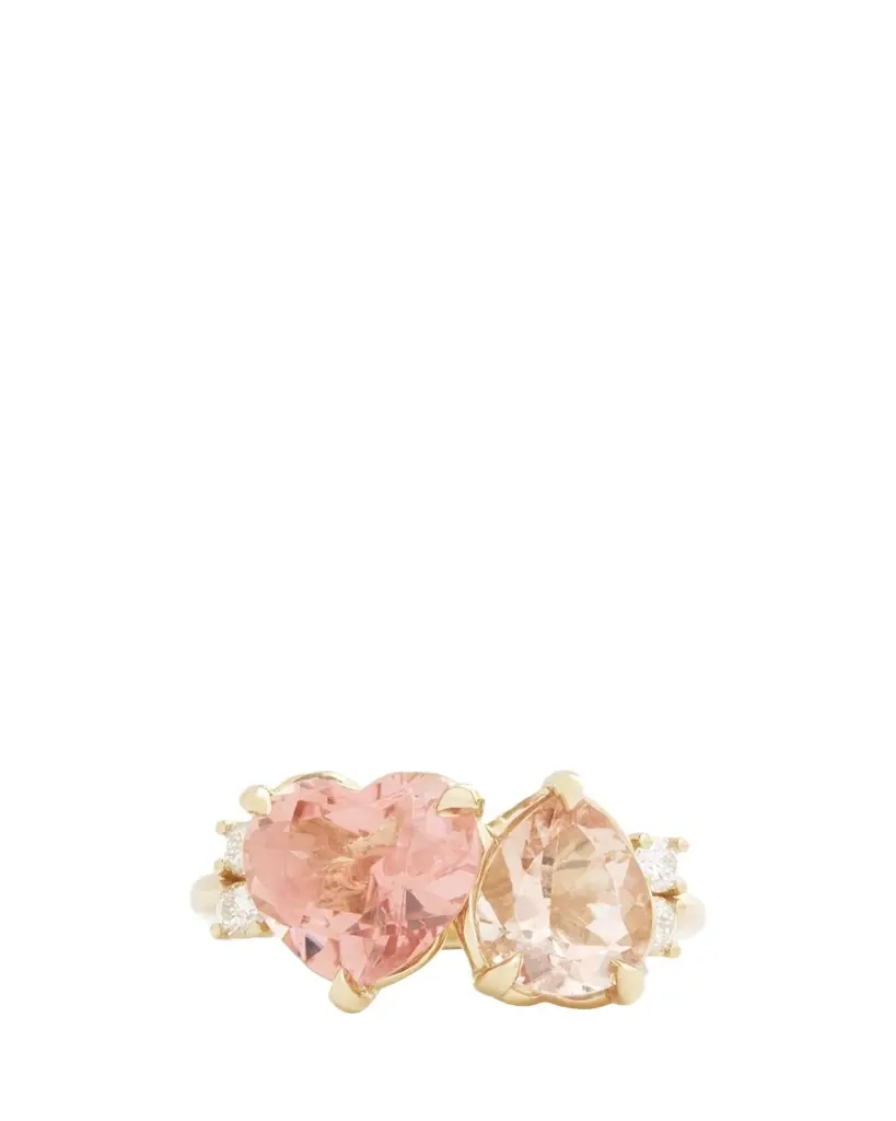 Jamie Wolf 18K Yellow Gold Pink Tourmaline Heart and Morganite Pear Ring with Diamonds