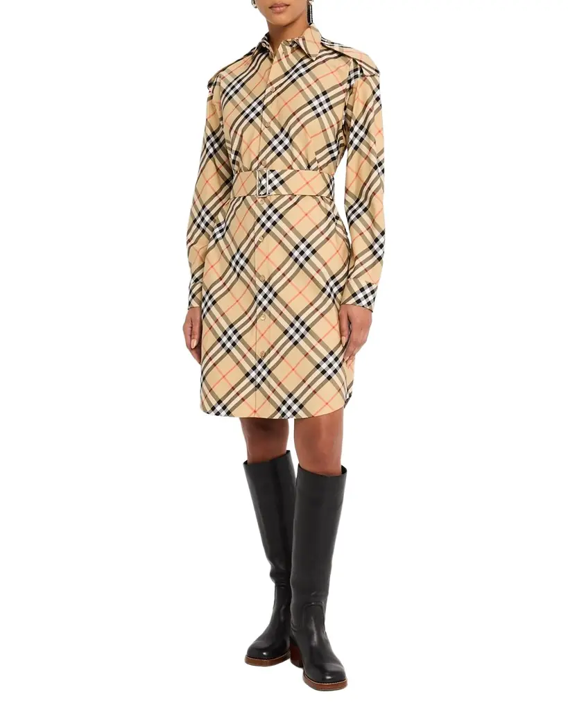 Burberry Check Belted Long-Sleeve Shirtdress