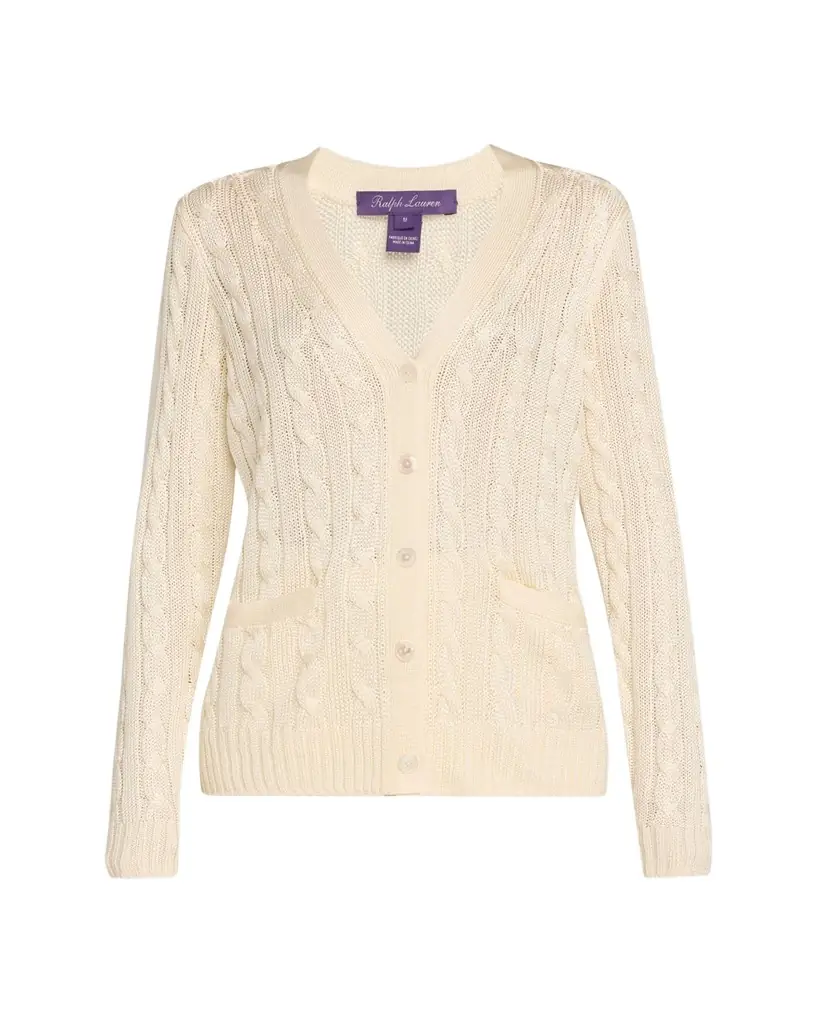 Ralph Lauren Collection High Shine Cable-Knit Cashmere Cardigan Sweater, Cream