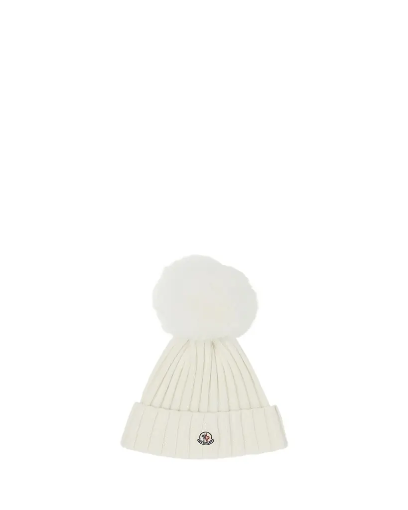 Moncler Ribbed Logo Beanie with Faux Fur Pom
