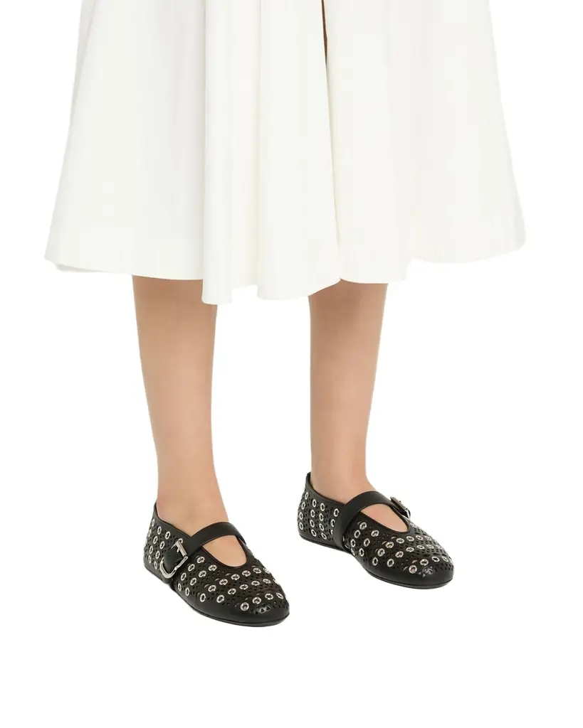 ALAIA Vienne Buckle Eyelet & Laser-Cut Leather Ballet Flats