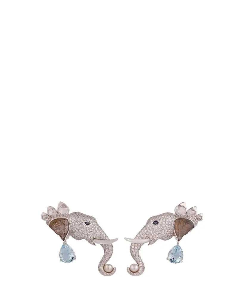 Gyan Jaipur 18K White Gold Elephant Diamond and Gemstone Earrings, One-Of-A-Kind