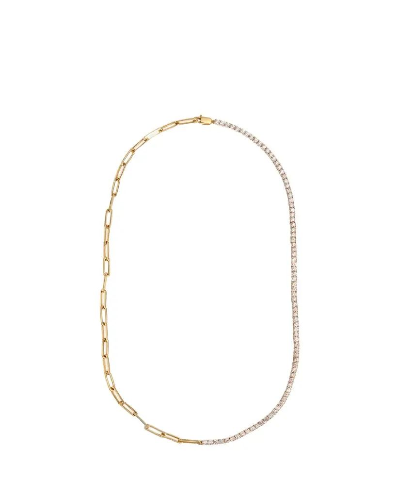 Kendall Row 14K Yellow Gold Half Tennis Half Paperclip Necklace, 16.5"L