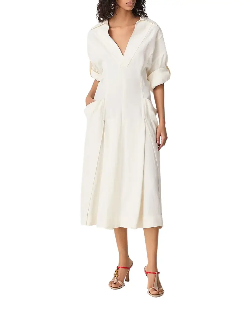 Bottega Veneta Fit-and-Flare Grainy Midi Dress with Frog Embellishments