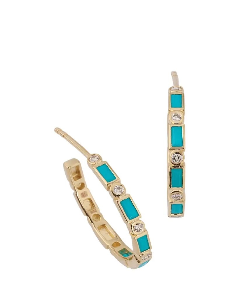 Sydney Evan 14K Gold Baguette Turquoise and Round Diamond Hoop Earrings