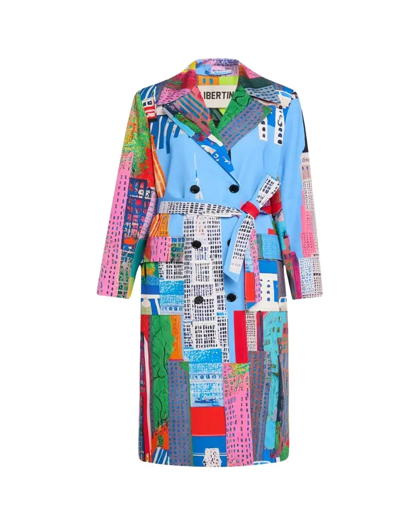 Libertine NYC Cityscape-Print Belted Long Trench Coat