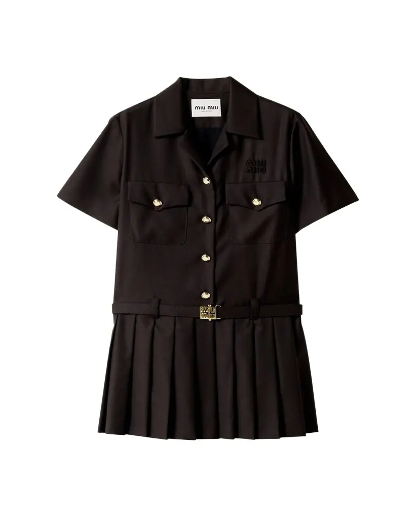 Miu Miu Short-Sleeve Pleated Mini Shirtdress With Belt