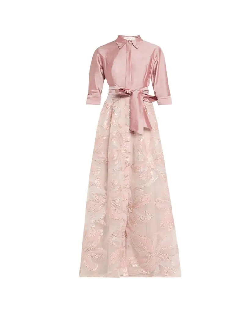 Rickie Freeman for Teri Jon Taffeta & Floral Jacquard Shirt Gown